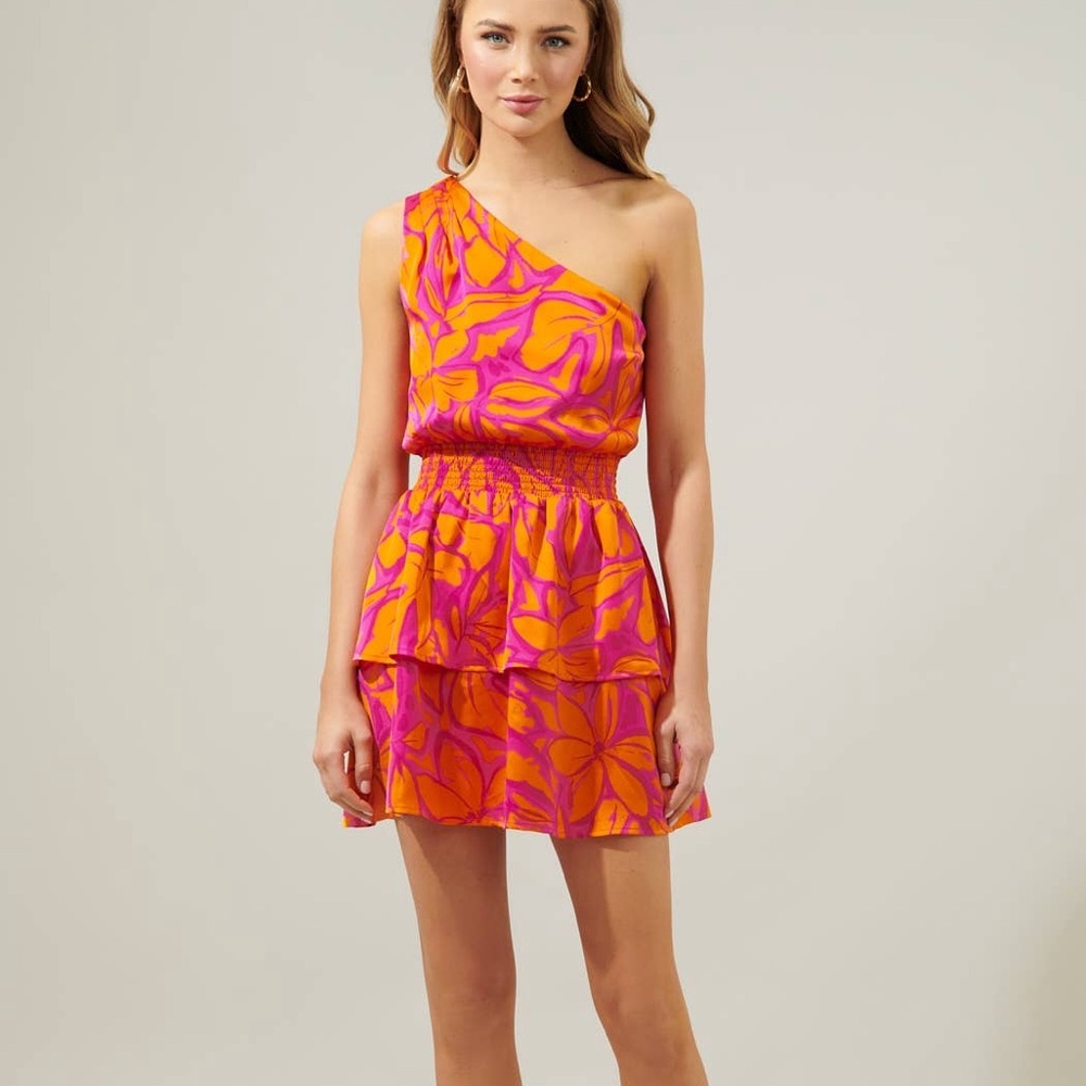 Satin Orange and Pink One Shoulder Mini Dress by Sugarlips